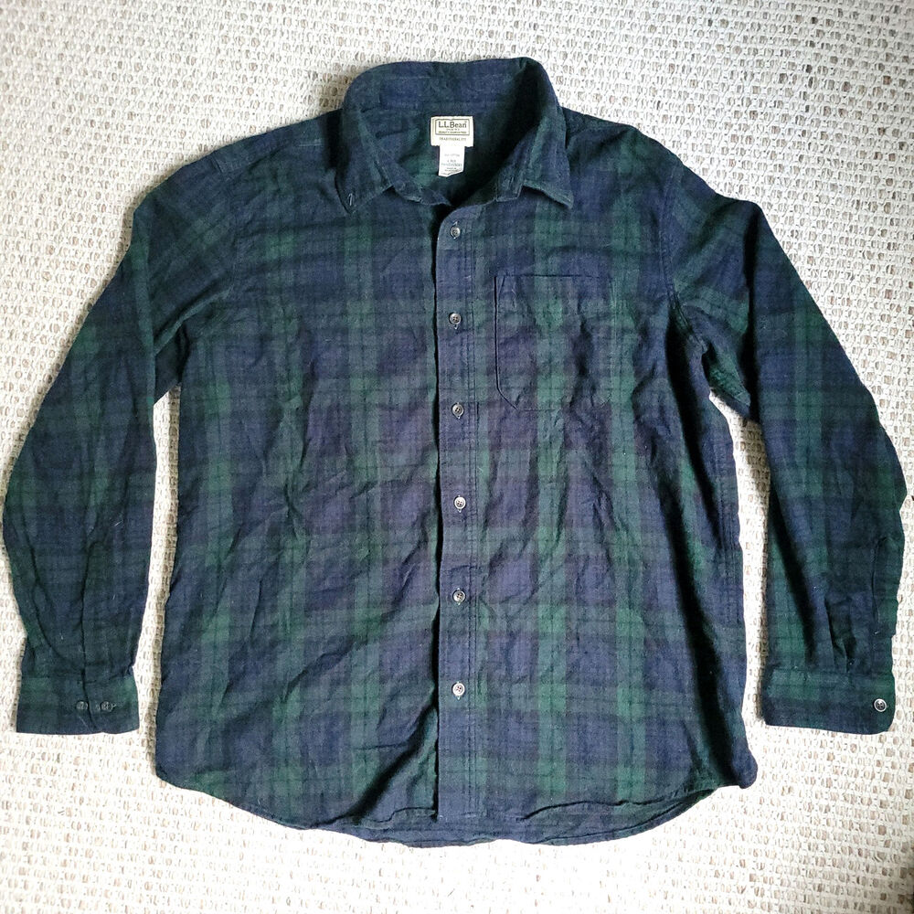 LL Bean Mens Large Cotton Flannel Buttondown Shirt Blue and Green Plaid Outdoors